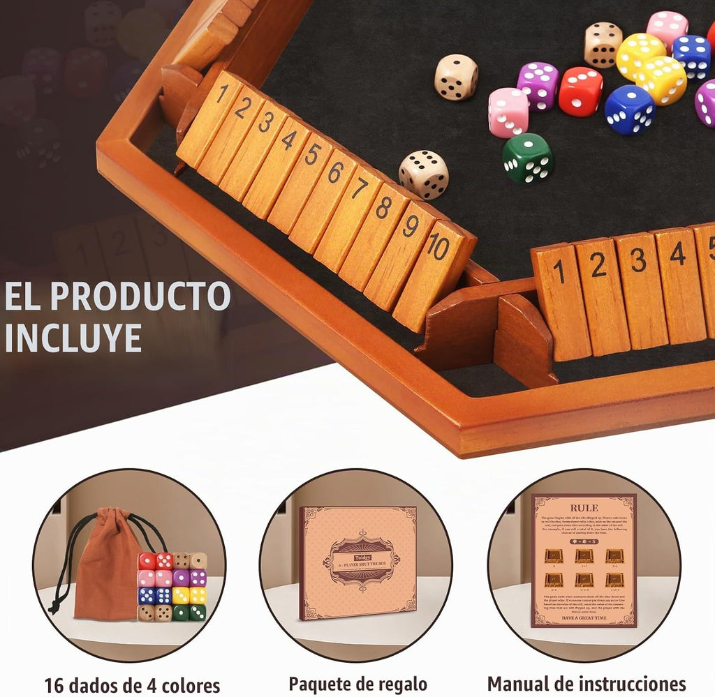 Juego de mesa de dados "Shut The Box" para 1-6 jugadores, juego de mesa de madera con 16 dados e instrucciones, juego de mesa clásico "Close The Box" para adultos, niños, familia, aula, hogar