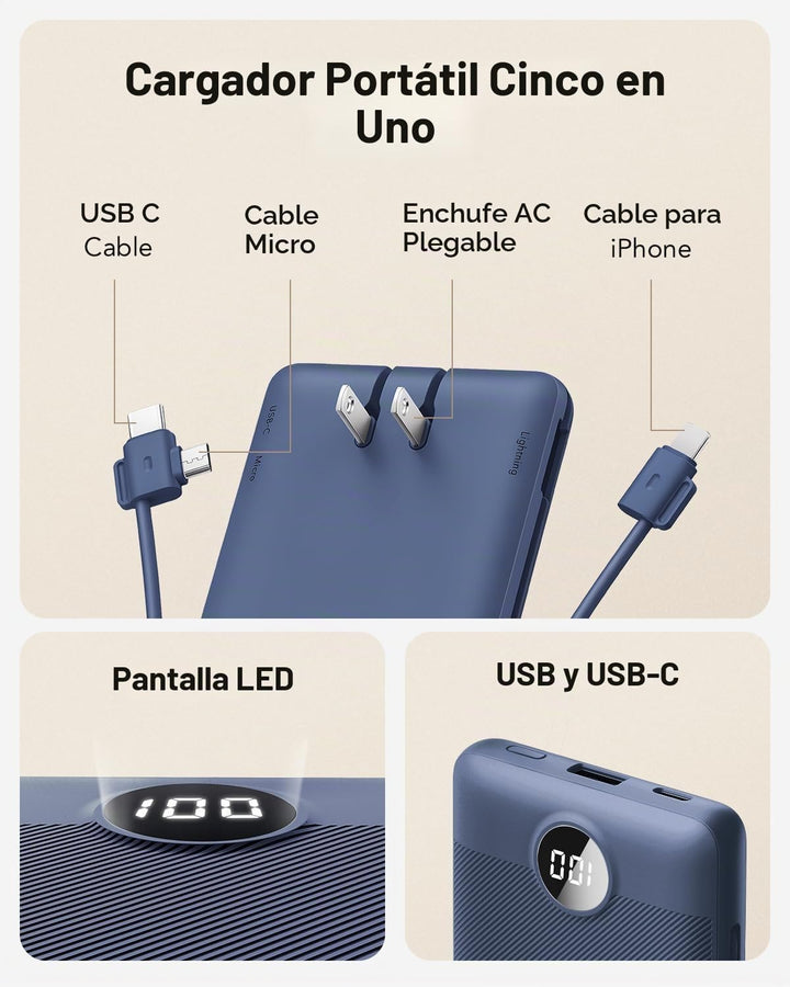 VRURC Cargador portátil con cables integrados y enchufe de pared de...