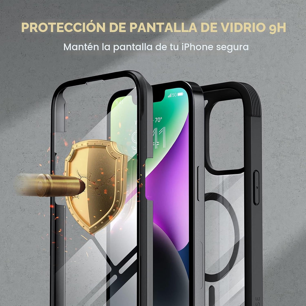 Miracase Magnetic para iPhone 14 Case 6.1", Bumper de cuerpo completo, [Sin burbujas] Protector de pantalla de vidrio templado integrado + Protector de lente, compatible con MagSafe, Sin huecos, Funda a prueba de caídas para iPhone 14, negro