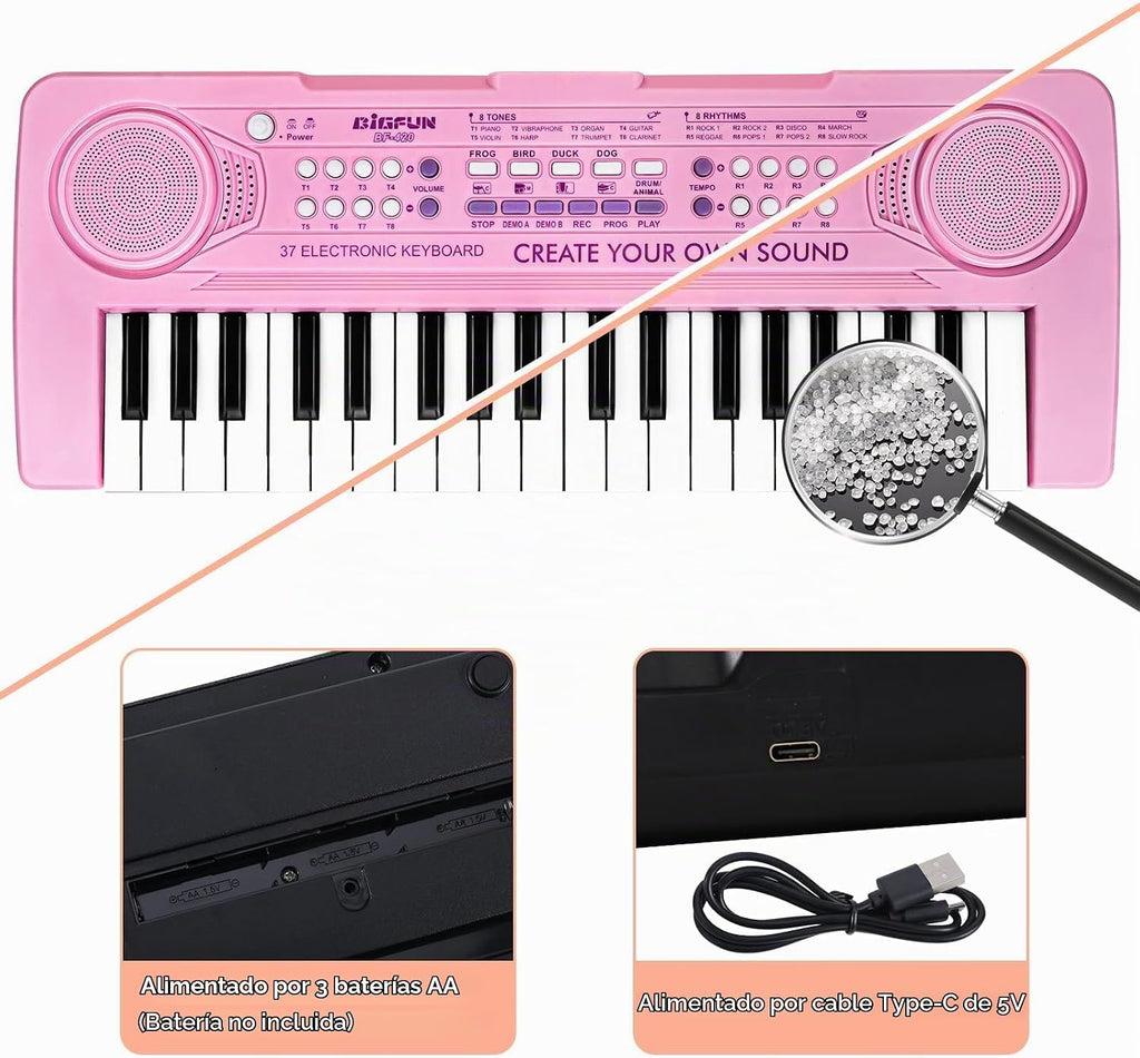 Piano de teclado electrónico de 37 teclas para niños de 3, 4, 5, 6, 7, 8, 9 años