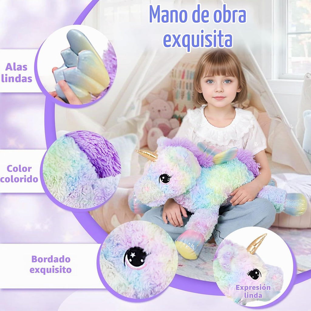 Animal de peluche de unicornio rosa arcoíris de 24 pulgadas, con alas, suave, lindo y grande, almohada de peluche, regalo para niños, niñas, niños, cumpleaños, San Valentín, Navidad