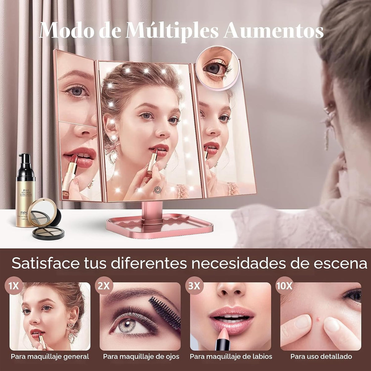 Espejo de tocador con aumento 2X/3X/10X con iluminación, espejo de maquillaje plegable trifold