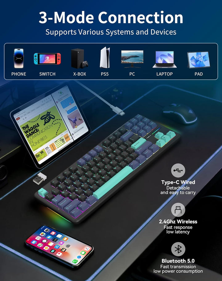 Aula F87 Pro Gaming Keyboard, Tri-Mode BT5.0\/2.4GHz\/USB-C Hot-Swa...