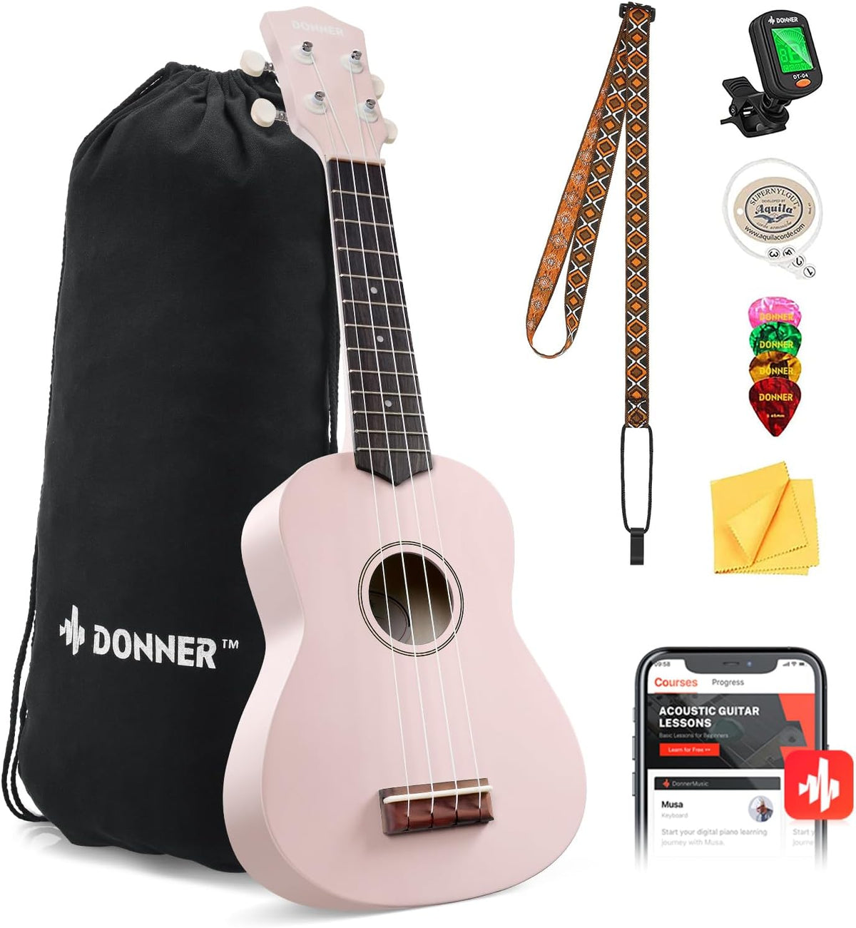 Donner Ukulele soprano para principiantes, ukulele mate de 21 pulgadas, kit para principiantes con bolsa, correa, afinador, cuerdas, púas, paño, lecciones en línea gratuitas, regalo de fiestas