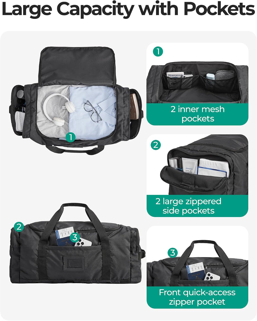 BAGSAMRT - Bolsa de lona plegable para viajes, bolsa de viaje para hombres, mochila de viaje 4 en 1, bolsa de transporte para fin de semana, Gris-oscuro, Casual