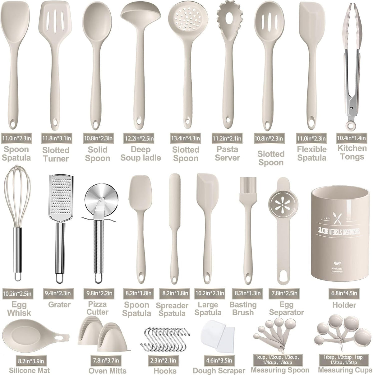 Juego de utensilios de cocina de silicona, AIKKIL 43 piezas de utensilios de cocina resistentes al calor color caqui, juego de volteador, pinzas, cuchara, espátula, utensilios de cocina antiadherentes