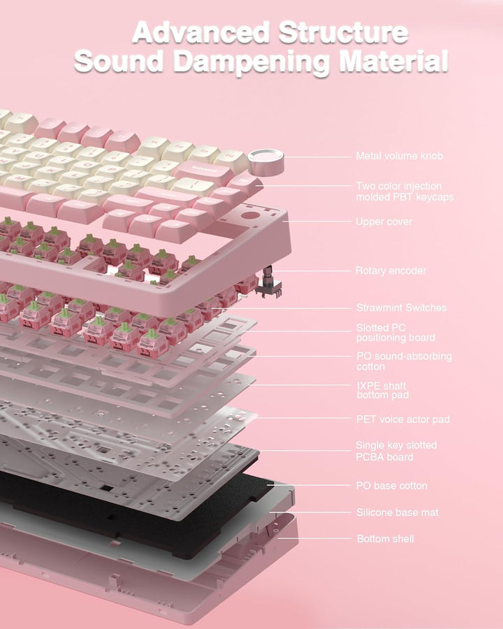 AULA Teclado Mecánico Inalámbrico F75 75%, Teclado Rosa Cremoso Int...