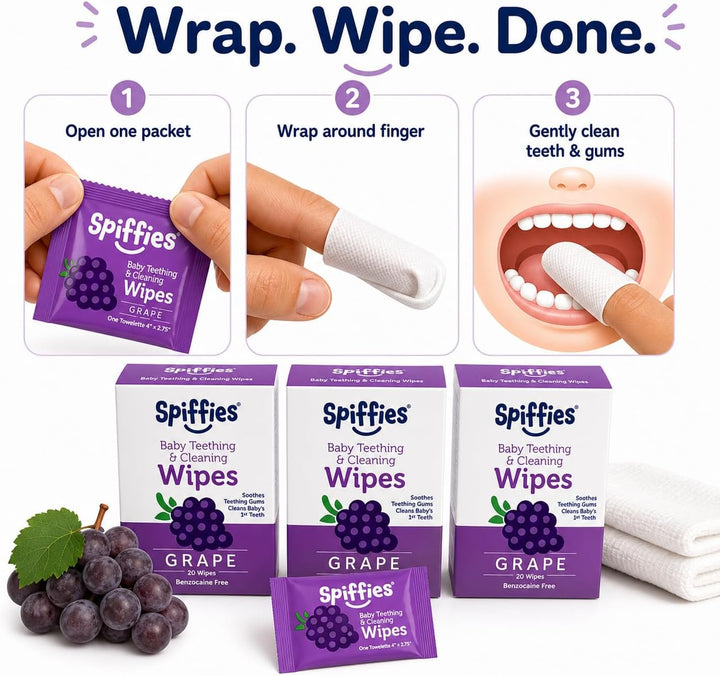 Spiffies Toallitas para dientes de bebé, sabor a uva, limpiador de...