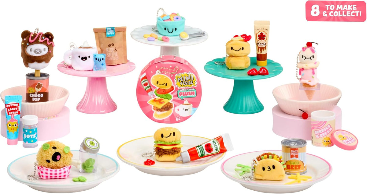 MGA's Miniverse Make It - Mini peluche (paquete de 2), embalaje ciego, bricolaje, coleccionables de felpa con temática de alimentos, adhesivo de secado al aire, 8 para coleccionar, accesorio de