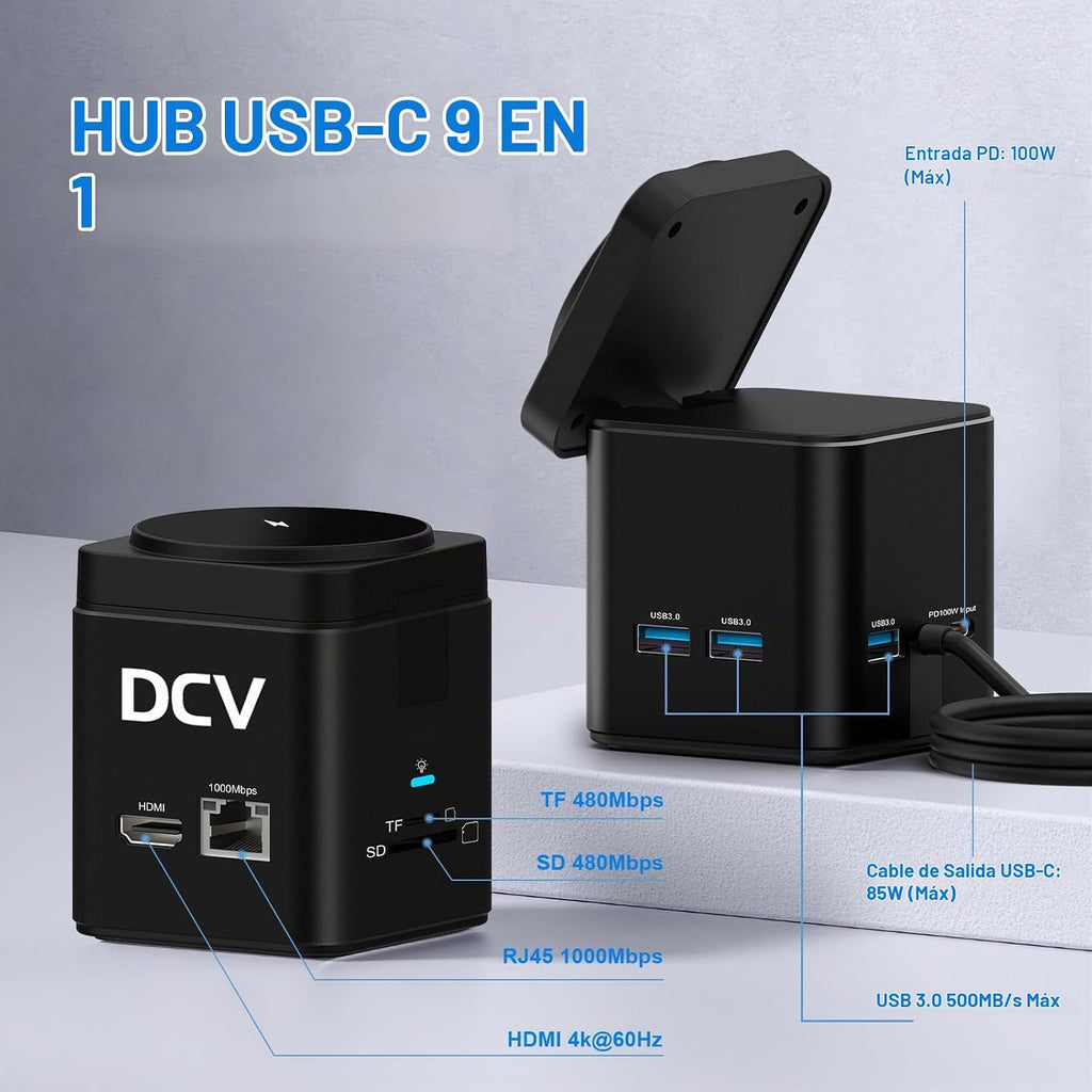 Estación de acoplamiento USB C para laptop con soporte de cargador MagSafe, adaptador multipuerto USB C Hub 9 en 1 con HDMI 4K, Ethernet de 1 Gbps, 3 USB 3.0, SD/TF, compatible con MacBook/Dell/HP