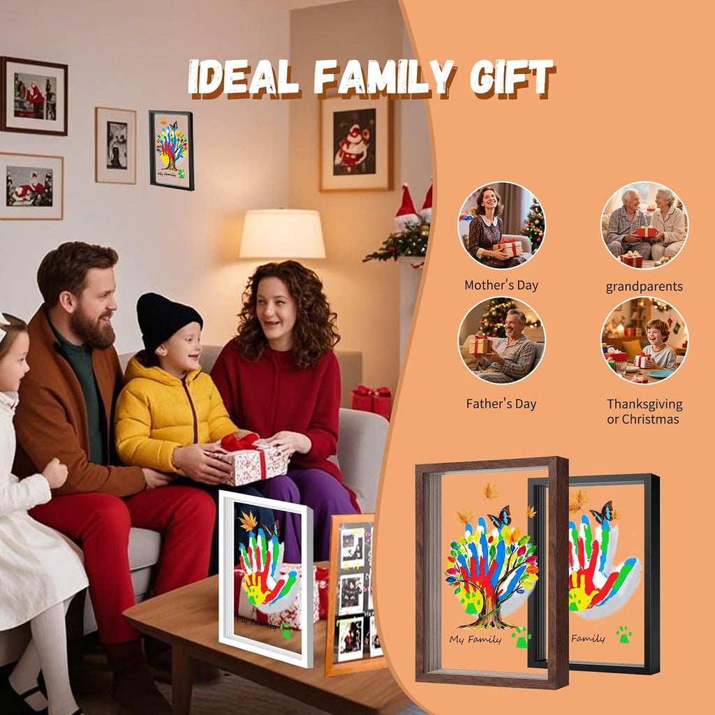 Kit familiar de huellas de manos y fundición a mano, recuerdo de manualidades con marco de madera, pinturas no tóxicas, kit de pasarela para bebé, regalo perfecto para abuelos, nuevos padres y familias (blanco, 4 hojas transparentes)