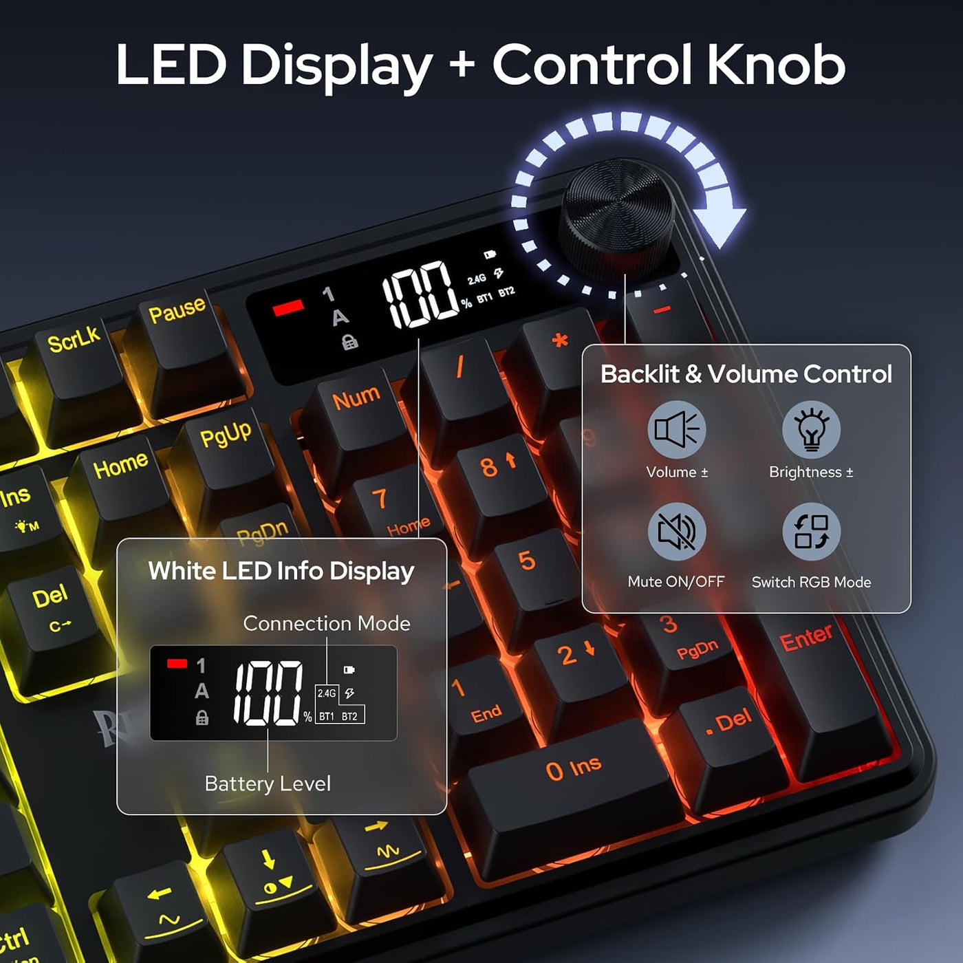 Redragon K526 PRO Teclado inalámbrico RGB para juegos, pantalla LED...
