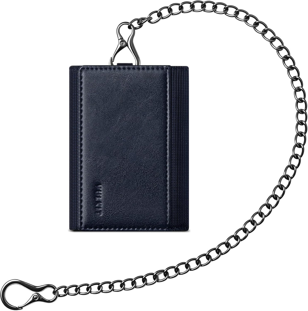 VULKIT Billetera para hombre con cadena antirrobo con bloqueo RFID, billetera triple plegable, diseño elegante, Azul marino, Cartera antirrobo