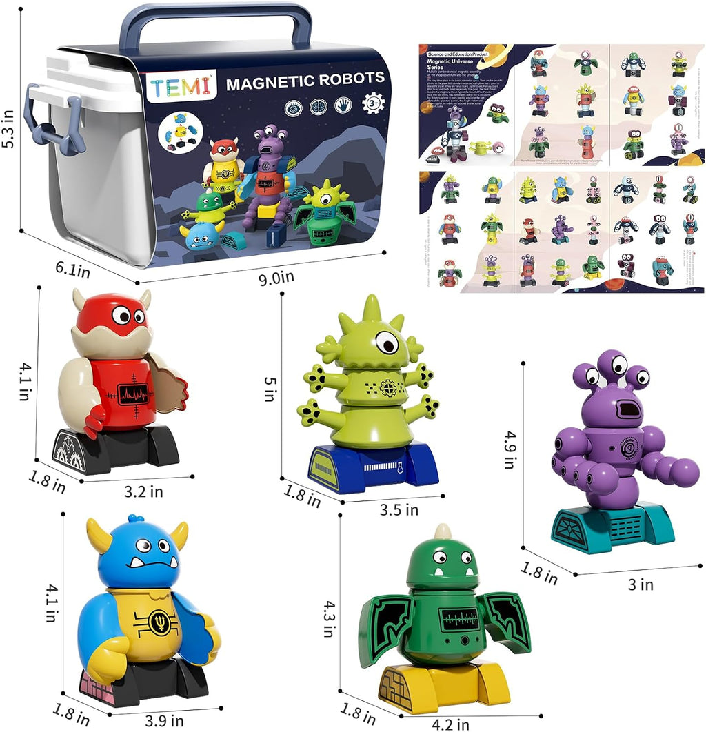 TEMI - Juguete de Robot Magnético para Niños de 3-5 Años - Juguetes de Monstruos Magnéticos Apilables y Transformables con Caja de Almacenamiento, Set para Niños de 3, 4, 5, 6, 7 Años, Regalos de