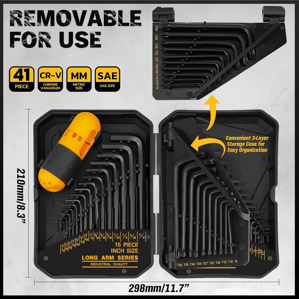 Juego de llaves Allen hexagonales: Juego de 41 piezas de llaves hexagonales y Torx con mango de torque, estándar SAE (0.028"-3/8") y métrico (0.7mm-10mm) y Torx (T9-T50) en estuche de