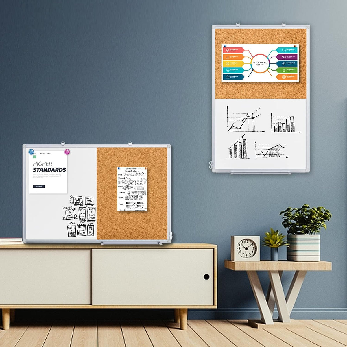 Combo de pizarra blanca magnética y tablero de corcho, tablero combinado de pizarra blanca tipo boletín de 36 x 24 pulgadas, tablero de mensajes de borrado en seco montado en la pared para el hogar