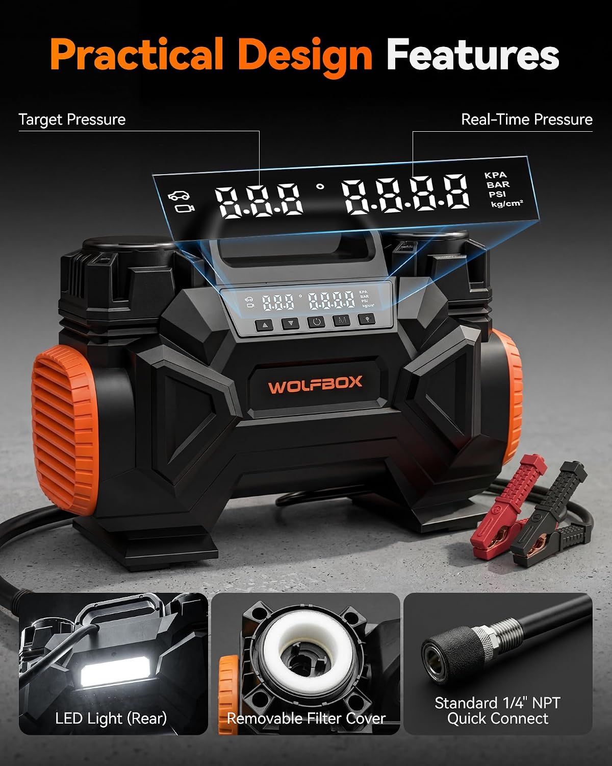 WOLFBOX Compresor de aire de 12 V, compresor de aire todoterreno de...