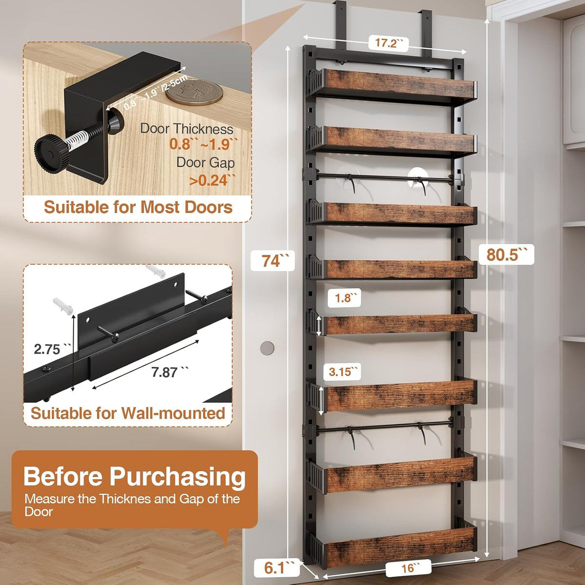 Organizador de despensa de 8 niveles sobre la puerta, soporte de pared de metal resistente o estante de especias colgante, estantes de almacenamiento detrás de la puerta con cesta ajustable, organizador trasero de puerta para armario de cocina y armario