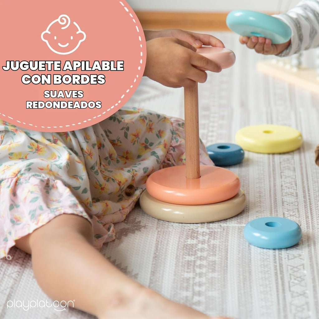 Play Platoon Apilador de anillos de juguete apilables de madera con diseño