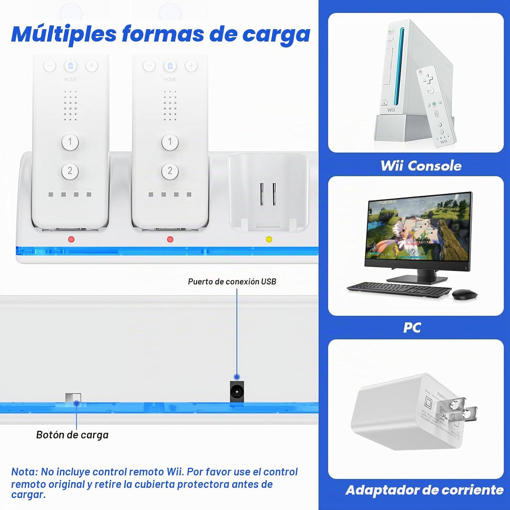 Estación de carga de control remoto para Wii/Wii U con paquete de 4 baterías recargables de 2800 mAh, estación de carga para controlador Wii, controles remotos no incluidos