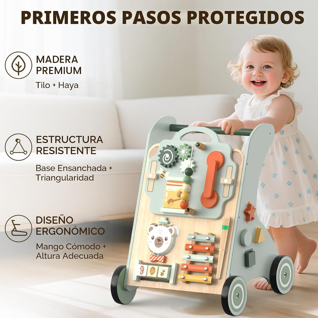 WOODMAM - Andador de empuje para bebés, juguete de aprendizaje de madera para estar sentado a pie para 12 meses
