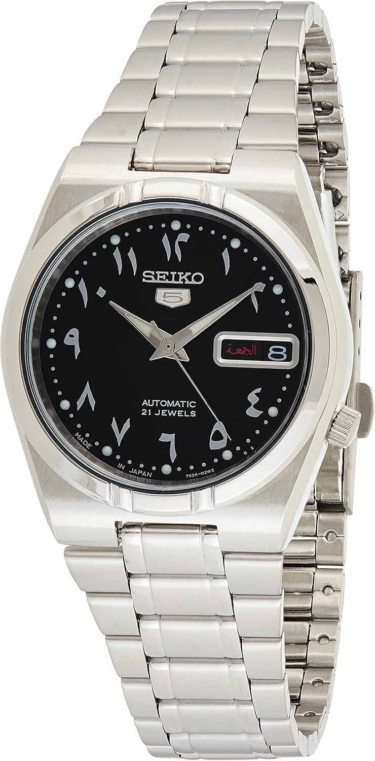 SEIKO 5 Reloj automático negro árabe de acero inoxidable para hombre SNK063J5