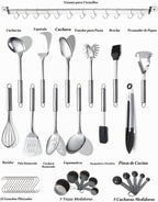 Berglander Juego de utensilios de cocina de 38 piezas, juego de utensilios de cocina de acero inoxidable, utensilios de cocina, juego de herramientas de cocina con soporte para utensilios y ganchos