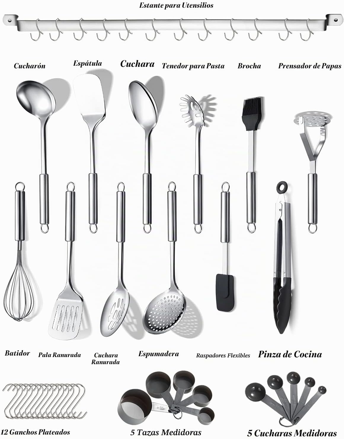Berglander Juego de utensilios de cocina de 38 piezas, juego de utensilios de cocina de acero inoxidable, utensilios de cocina, juego de herramientas de cocina con soporte para utensilios y ganchos