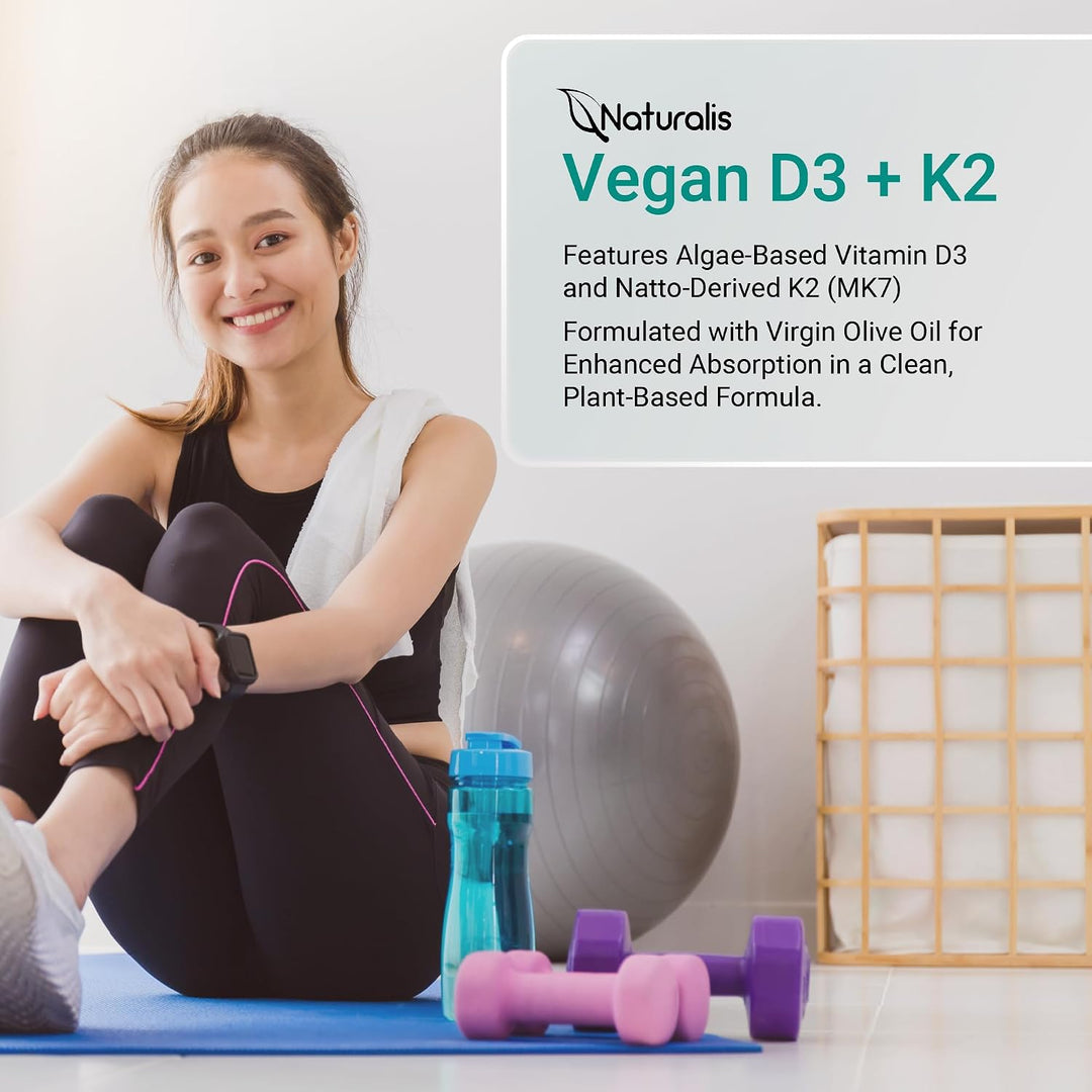 Naturalis Vitamina vegana D3+K2 de algas | 5000 UI D3 con 120 mcg M...