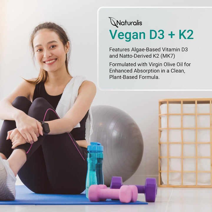 Naturalis Vitamina vegana D3+K2 de algas | 5000 UI D3 con 120 mcg M...