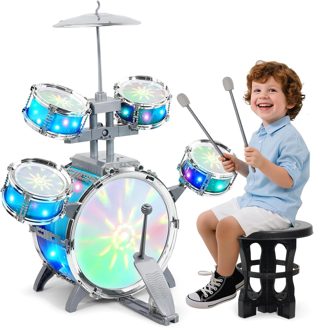 Juego de batería para niños de 3 a 5 años, batería iluminada con taburete y palos