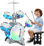 Juego de batería para niños de 3 a 5 años, batería iluminada con taburete y palos
