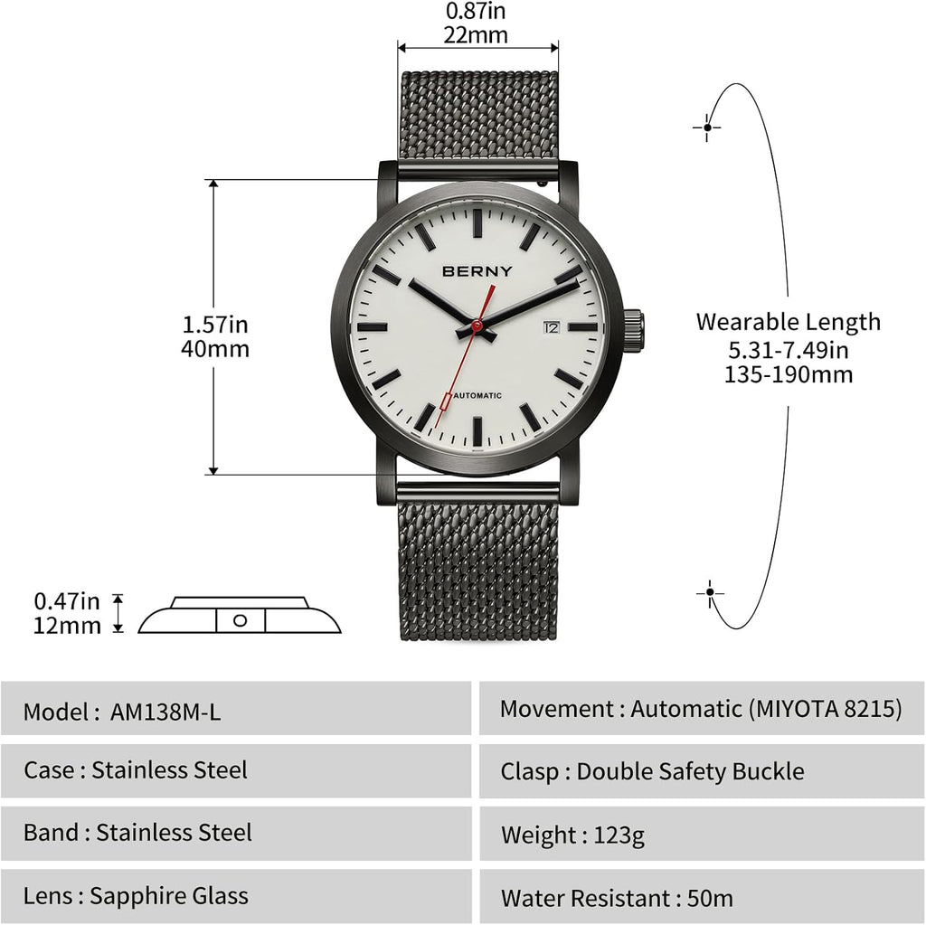BERNY Reloj Automático Clásico para Hombre, Mecánico, Automático, Correa de Acero Inoxidable, Movimiento MIYOTA 8215, Resistente al Agua 5ATM, Esfera Completa Luminosa, Vidrio de Zafiro, Relojes de