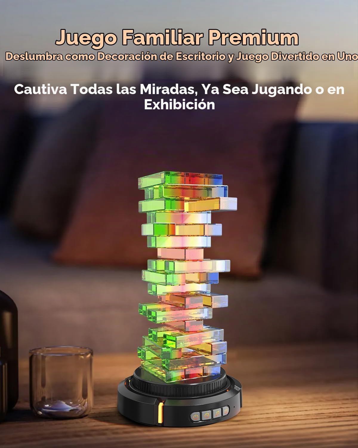 Juego de torre que brilla en la oscuridad, base giratoria y luces RGB para pastilla, bloque acrílico, apilamiento y equilibrio divertido para Kds y aduits, juego de mesa interior para noche de juegos