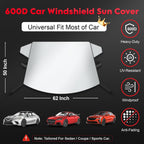 Cubierta solar para parabrisas de automóvil, 600D, resistente y resistente a los rayos UV, protector exterior de verano para la mayoría de los automóviles sedanes (62 x 50 pulgadas)