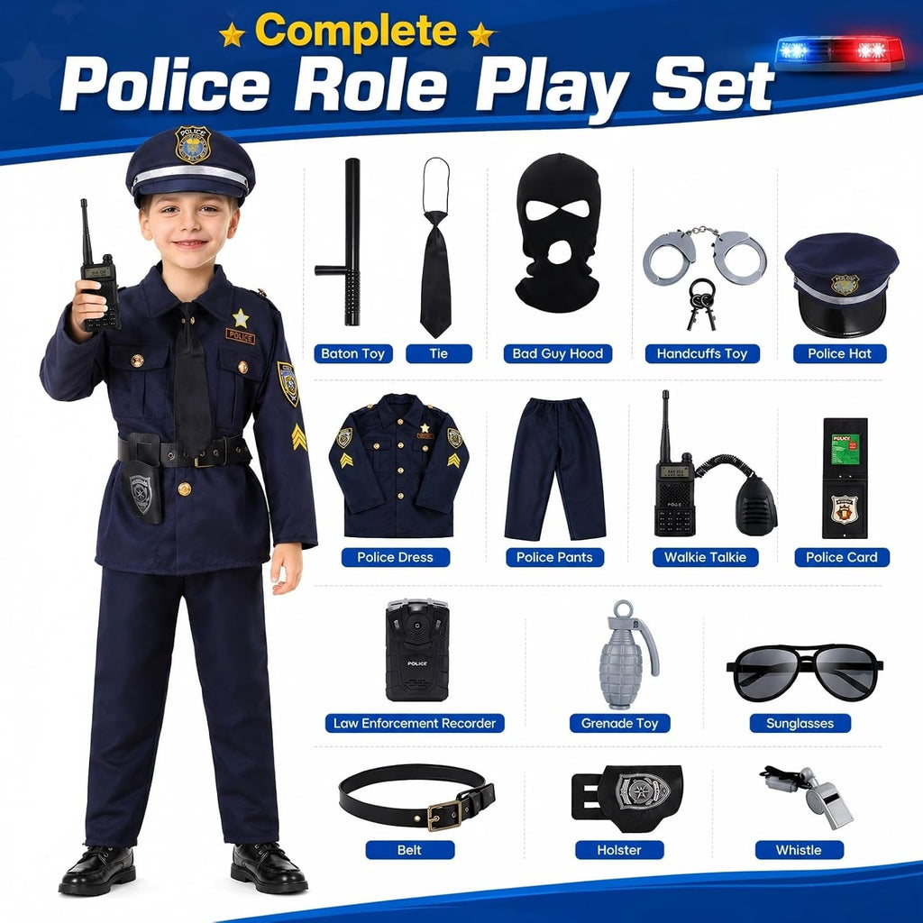 Skirfy Kit de Disfraz de Policía de 16 Piezas para Niños, Disfraz de Oficial de Policía para Niños, Kit de Rol de Disfraz de Policía para Niños, Disfraz de Halloween para Niños