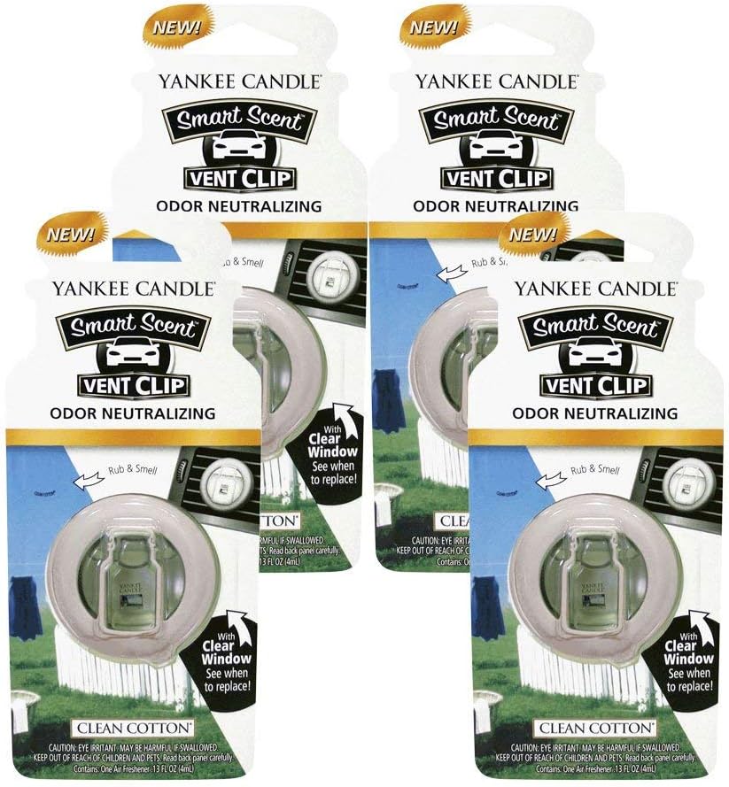 Yankee Candle, Clips de ventilación Smart-Scent para ambientador de auto, 4 unidades (Aroma de Algodón Limpio)