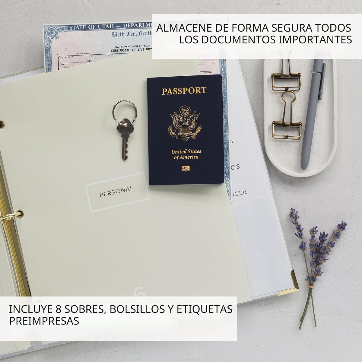 Conjunto de Organizadores de Documentos Importantes con Carpetas - Anillador de Lino Completo
