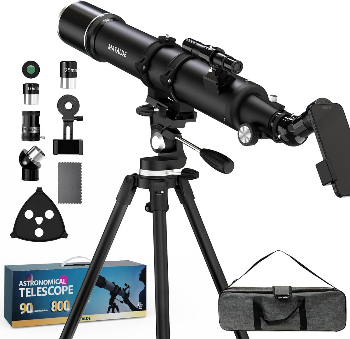 Telescopio de apertura de 3.543 in, refractor de longitud focal de 31.496 in para principiantes y adultos, telescopio de astronomía profesional con aumento de 32X-240X