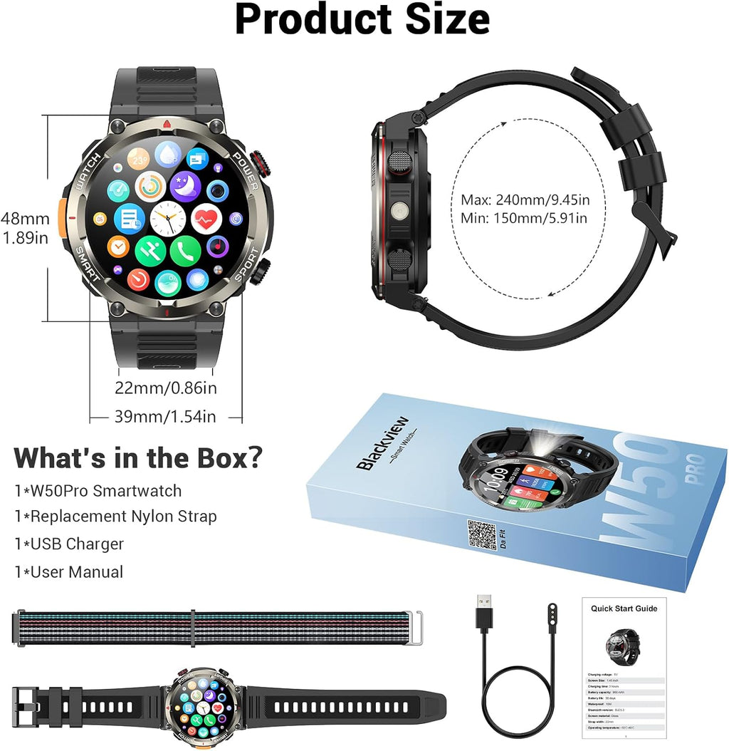 Reloj Inteligente Militar para Hombres (Responder/Realizar Llamadas), Reloj Inteligente Exterior con 100 Días de Batería/Linterna/Brújula/Frecuencia Cardíaca/SpO2/Sueño/2 Correas, Reloj Deportivo Robusto para iPhone/Android