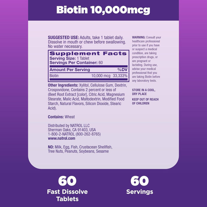 Natrol Biotin 10,000 mcg, suplemento de disolución 4 veces más rápi...