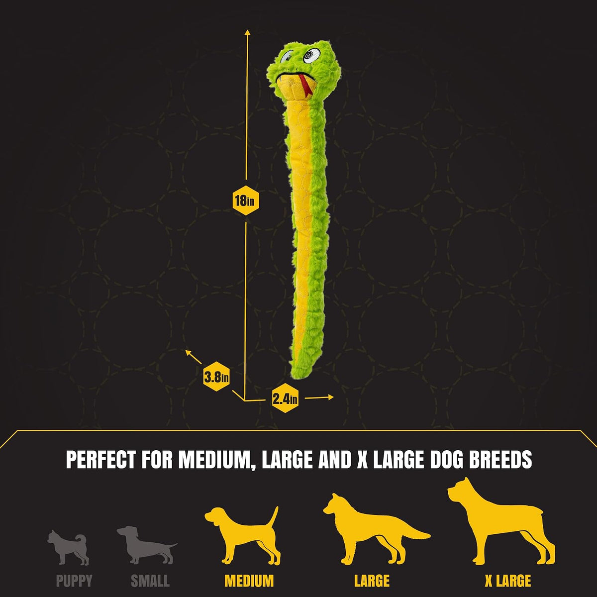 Bite Force - Juguete duradero y resistente para perros Slither The Snake con chirriador, reforzado con Kevlar para masticadores agresivos para perros pequeños, medianos y grandes - Verde.