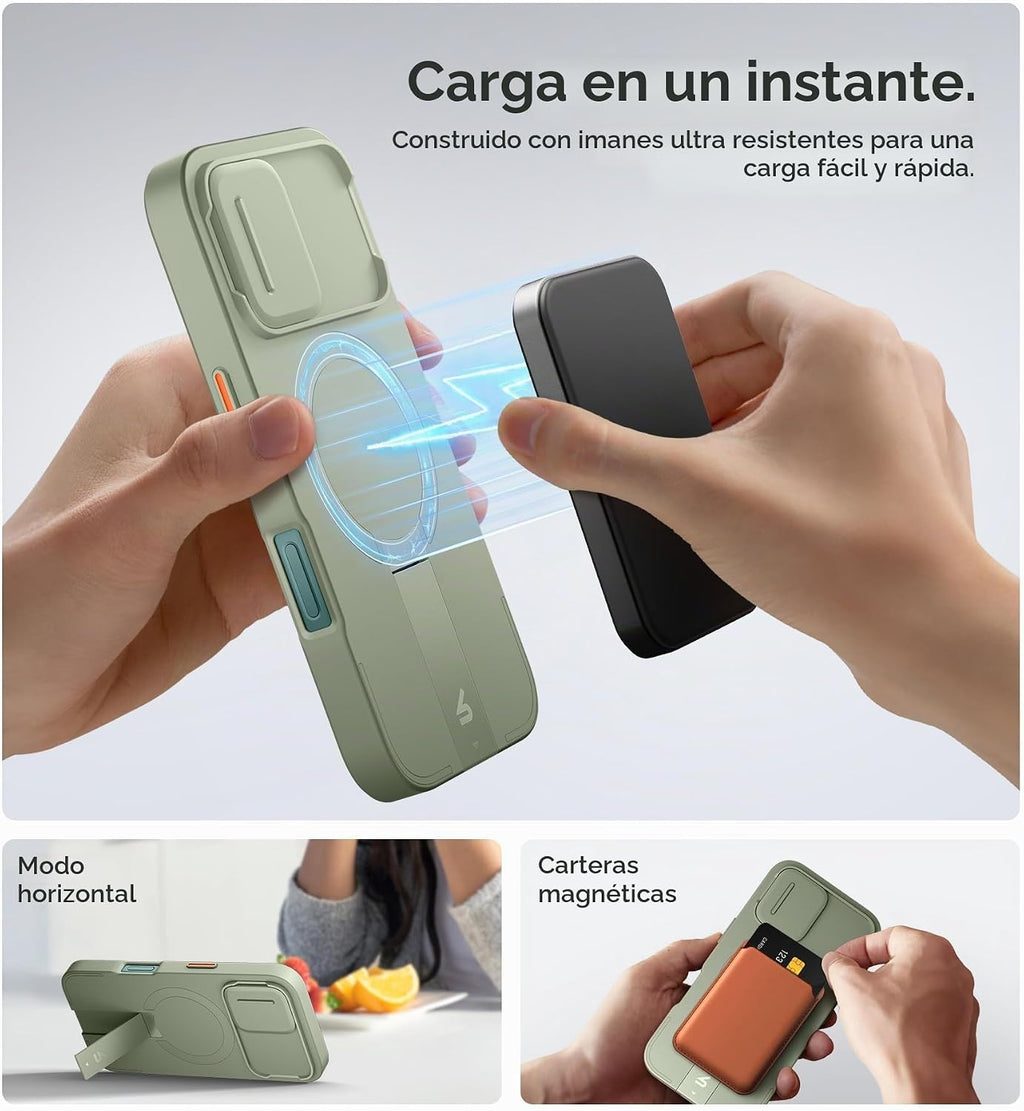 SURITCH Funda para iPhone 16 con cubierta magnética para cámara deslizante y soporte ajustable, compatible con MagSafe, funda protectora delgada a prueba de golpes de 6.1 pulgadas, verde