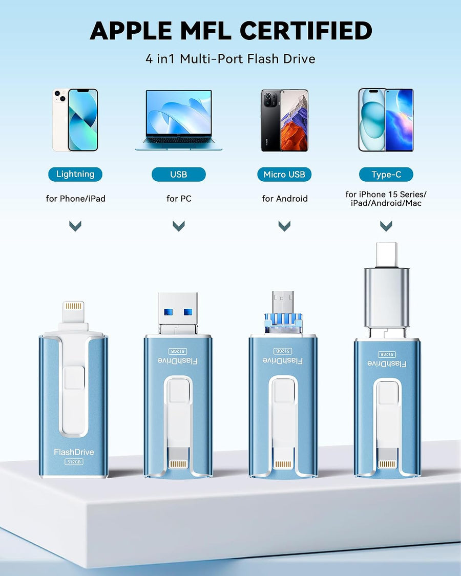 Unidad flash con certificación MFi para iPhone iPad de 512 GB, barr...