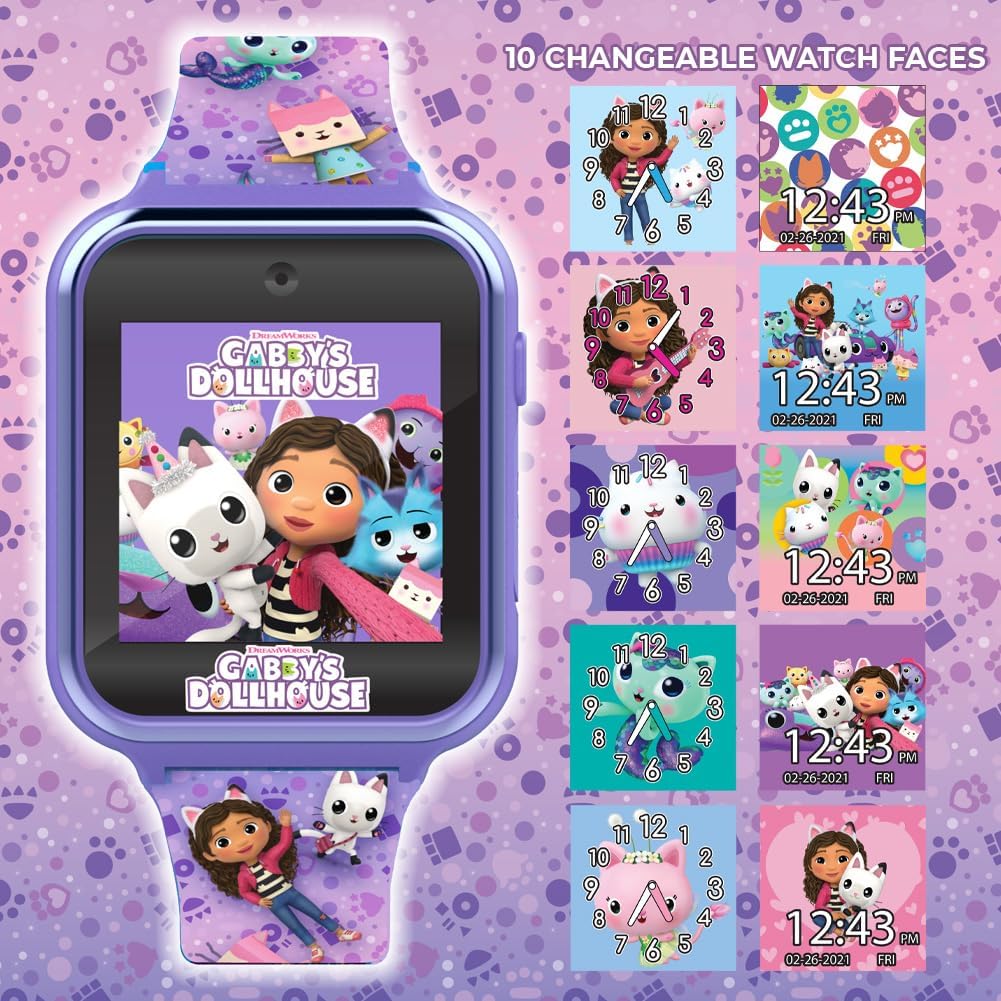 Accutime Niños Gabby's Doll House Morado Reloj inteligente educativo con pantalla táctil para niñas, niños, bebés - Cámara de selfie, juegos educativos, alarma, calculadora, podómetro y más (Modelo