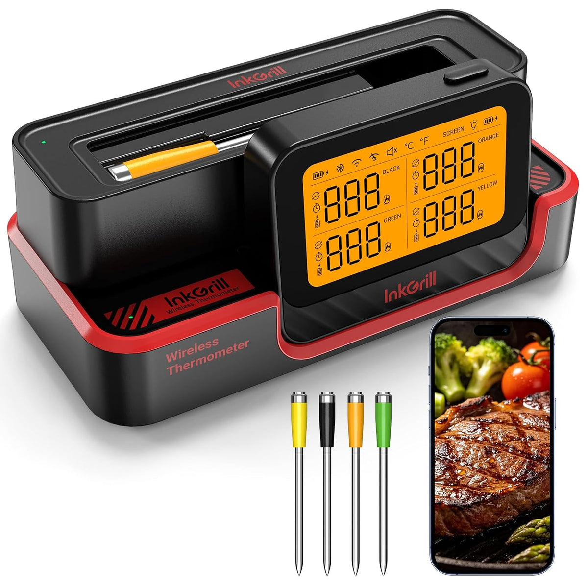 Termómetro inalámbrico de carne con 4 sondas con WiFi y Bluetooth, termómetro modular para parrilla de barbacoa con pantalla desmontable, alcance ilimitado y precisión NIST 0.5 °F, control de Apple