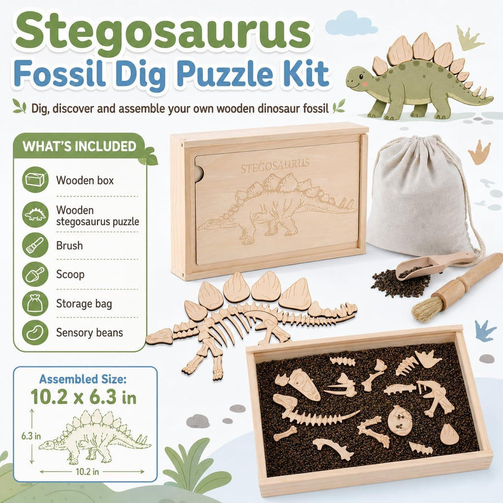 Kit de excavación arqueológica de excavación de dinosaurios, kit de excavación de fósiles para niños, esqueletos de dinosaurios, huesos y rompecabezas con caja de almacenamiento de madera, juguetes STEM para niños y niñas (Stegosaurus)