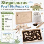 Kit de excavación arqueológica de excavación de dinosaurios, kit de excavación de fósiles para niños, esqueletos de dinosaurios, huesos y rompecabezas con caja de almacenamiento de madera, juguetes STEM para niños y niñas (Stegosaurus)
