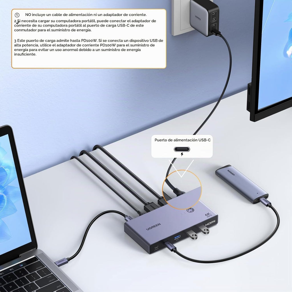 UGREEN Conmutador KVM USB-C+HDMI 1 Monitor 2 Computadoras, 4K@60Hz