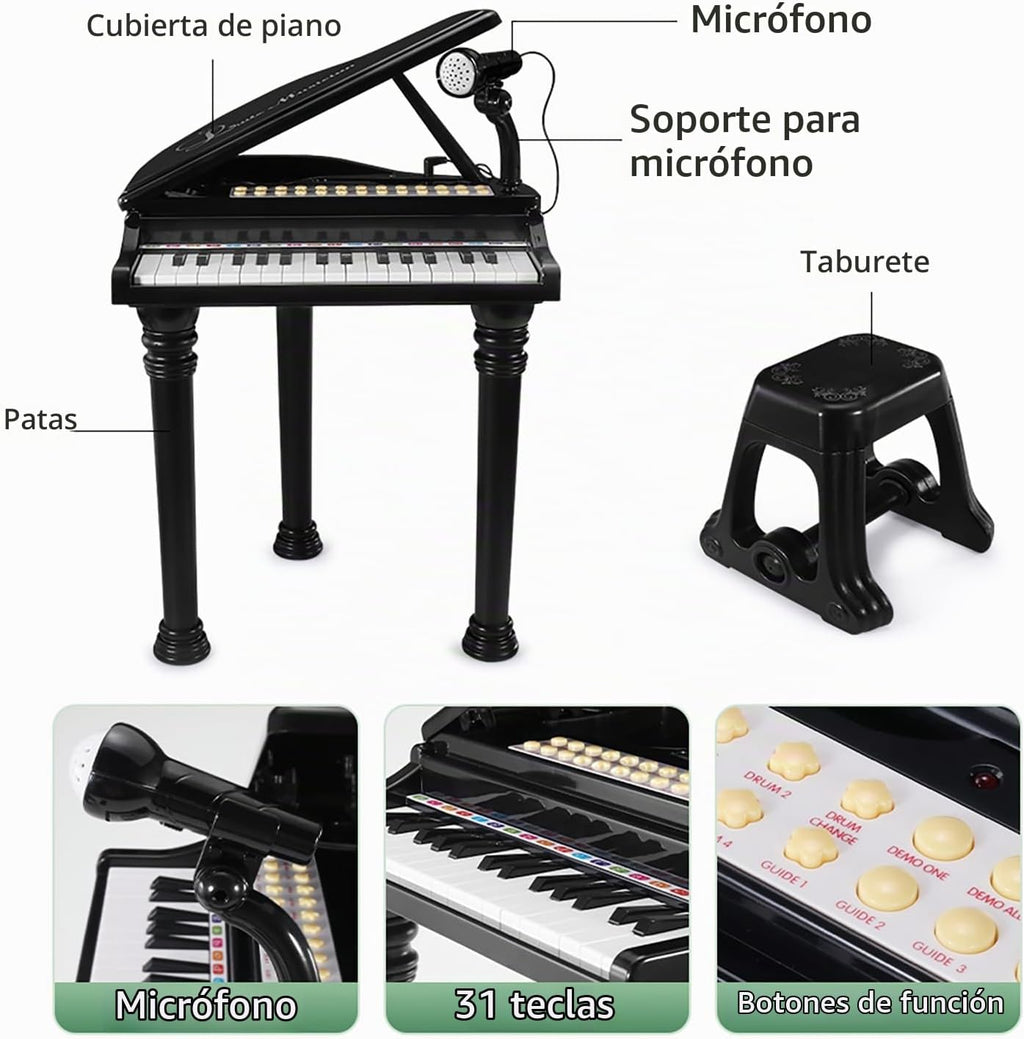 Juguete de teclado de piano para niños, instrumento musical electrónico para niños pequeños, juguete educativo con micrófono, múltiples sonidos, reproducción de grabación, luces y taburete